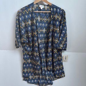 LulaRoe Lindsay Cardigan Lightweight Blue Gold Yellow Diamond Size Small